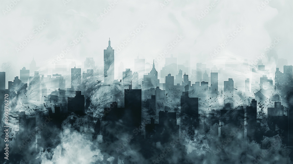 An abstract city landscape made in watercolor, where black and white smog spreads over the buildings. An abstract city landscape made in watercolor, where black and white smog spreads over the buildings.