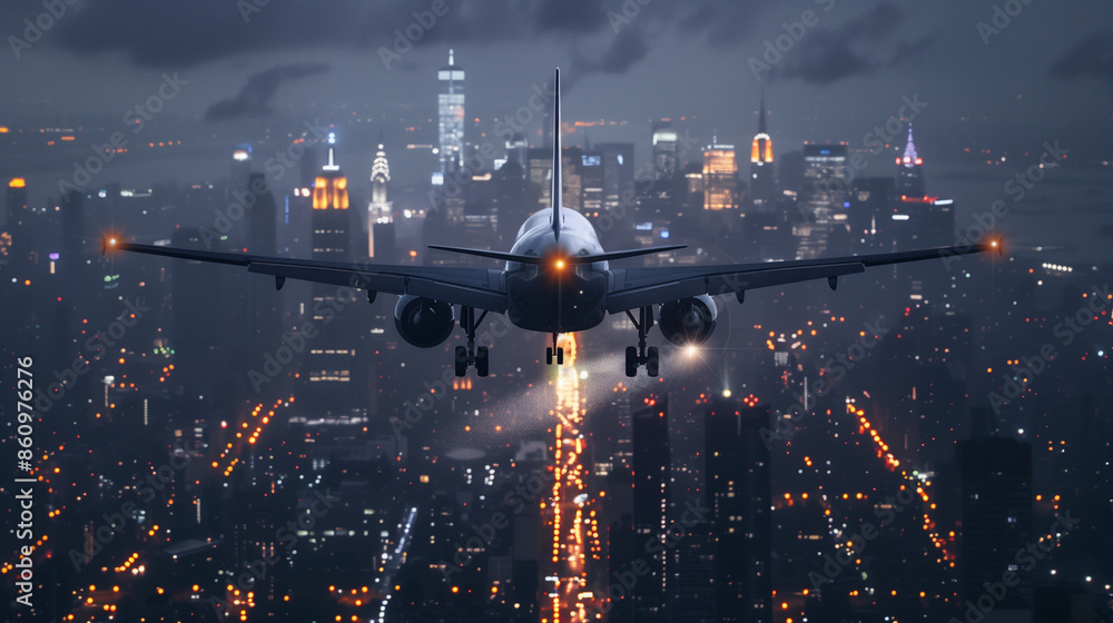 Obraz premium The plane flies through the sky above the city, whose night panorama sparkles with hundreds of lights. Illuminated skyscrapers and streets give the scenery a unique glow.