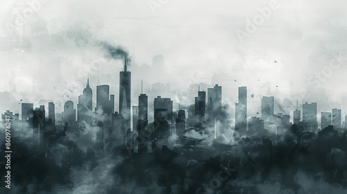 An abstract city landscape made in watercolor, where black and white smog spreads over the buildings.