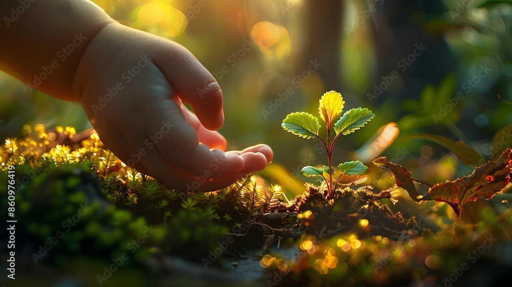 Fototapeta premium Child's hands close up planting a tree in the ground, planting a small tree, caring for and preserving the concept of saving the world, save the world day 