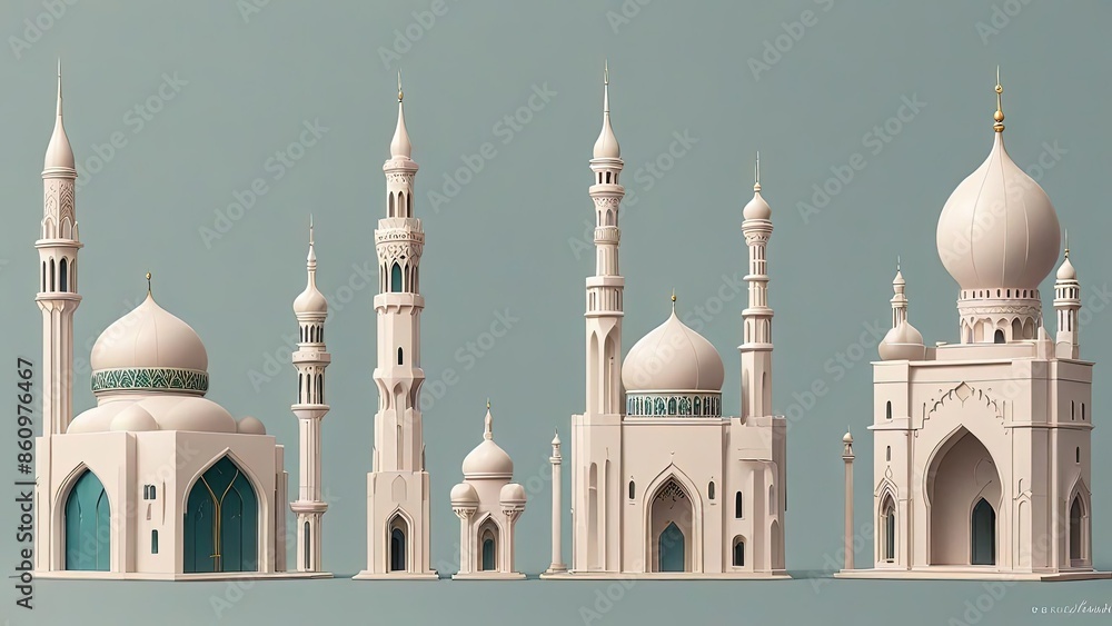 Obraz premium Mosque a illustration, set of icons for design mosque, mosque Islamic Ramadhan, elements mosque muslim, illustration of an mosque. minaret design. church tower vector
