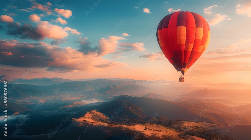 Obraz premium Couple Enjoying a Breathtaking Hot Air Balloon Ride at Sunset Over Picturesque Mountain Landscape
