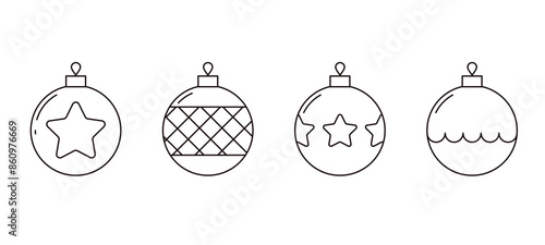 Set of Christmas balls icon. Line art.  Linear black Christmas balls icons. Collection of New Year toys for a tree.