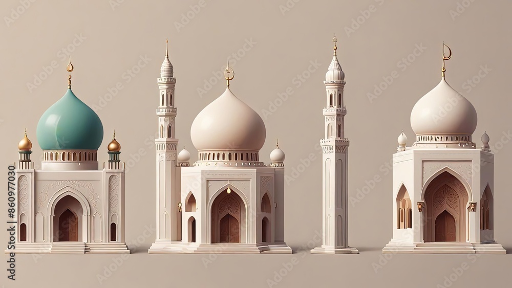 Obraz premium Mosque a illustration, set of icons for design mosque, mosque Islamic Ramadhan, elements mosque muslim, illustration of an mosque. minaret design. church tower vector