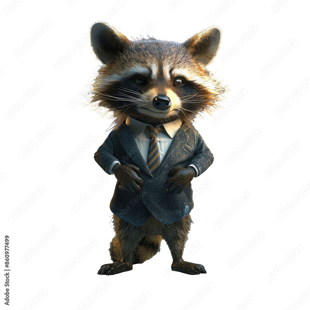 Obraz premium animal crossing of anthropomorphic Raccoon as businessman, full body, standing on 2 legs, 3d character cartoon