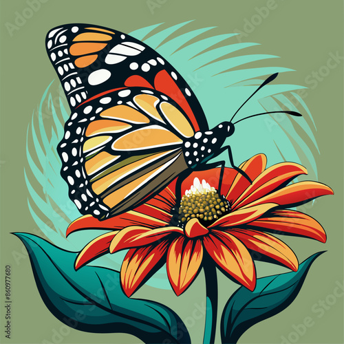 A side view vector art of a monarch butterfly resting on a flower  photo