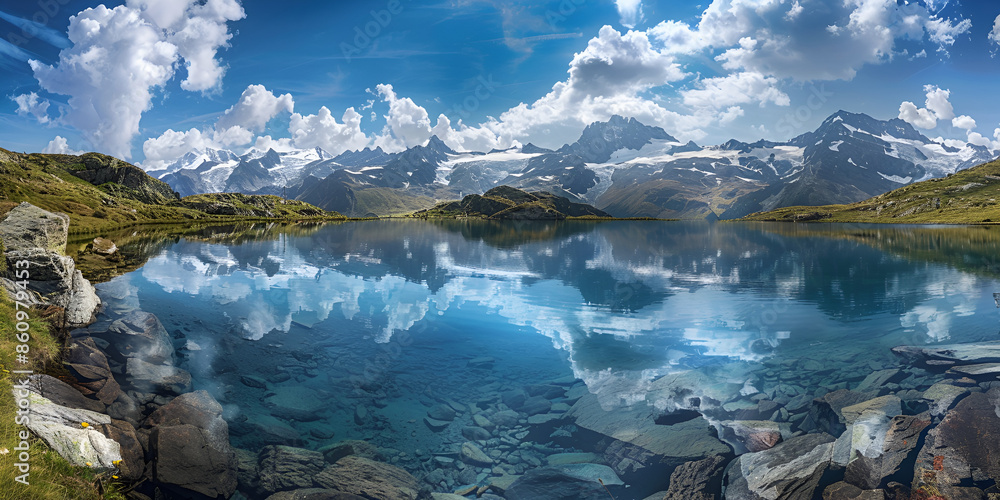 Obraz premium Crystal Clear Alpine Lake Reflecting Snow-Capped Mountains Serene Mountain Landscape with Pristine Lake Reflection