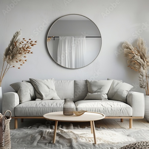 This stylishly decorated living room features a chic sofa complemented by a coffee table and tasteful pampas grass arrangements as a background or wallpaper photo