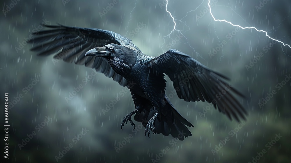 Fototapeta premium Dark raven flying through an ominous stormy sky, with lightning illuminating its wings, symbolizing mystery and danger. Illustration, Minimalism,