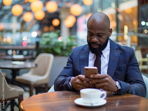 A businessman attentively using his phone in a cafe, excellent for corporate wallpaper or background design