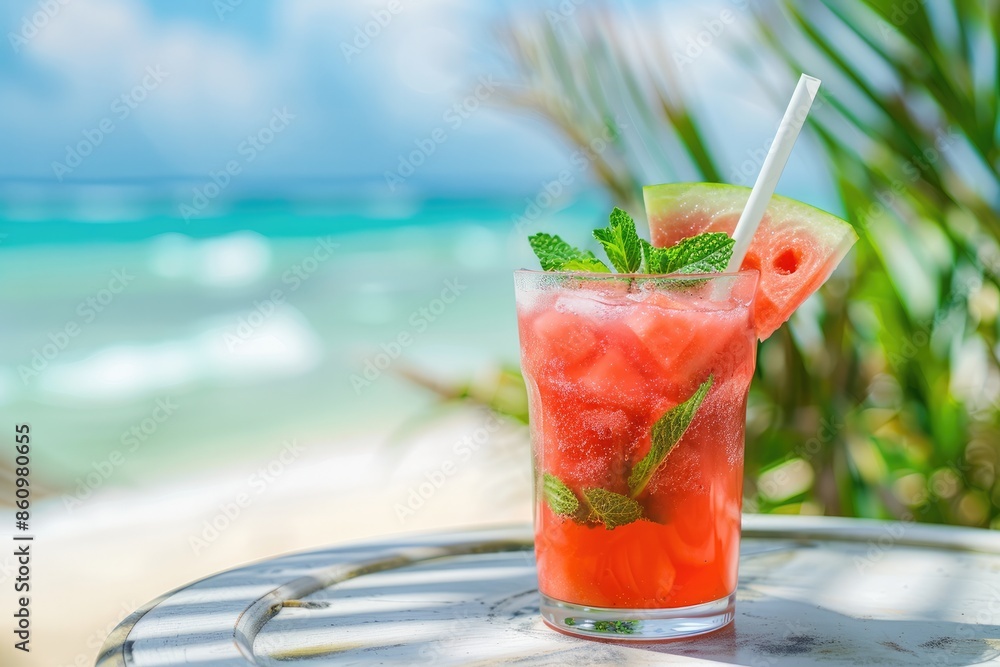 Photo of watermelon juice in a glass with watermelon slice , on the beach , Generative AI Photo of watermelon juice in a glass with watermelon slice , on the beach , Generative AI