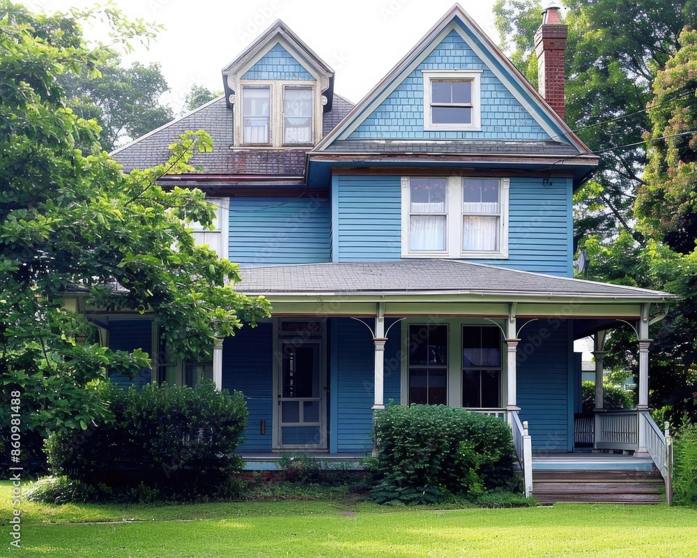 Blue House with Small Porch - Ideal Home for Residence in White Trim Blue House with Small Porch - Ideal Home for Residence in White Trim