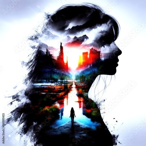 double exposure of a girl silhouette with  apocalypse aftermath and a natural landscape 2