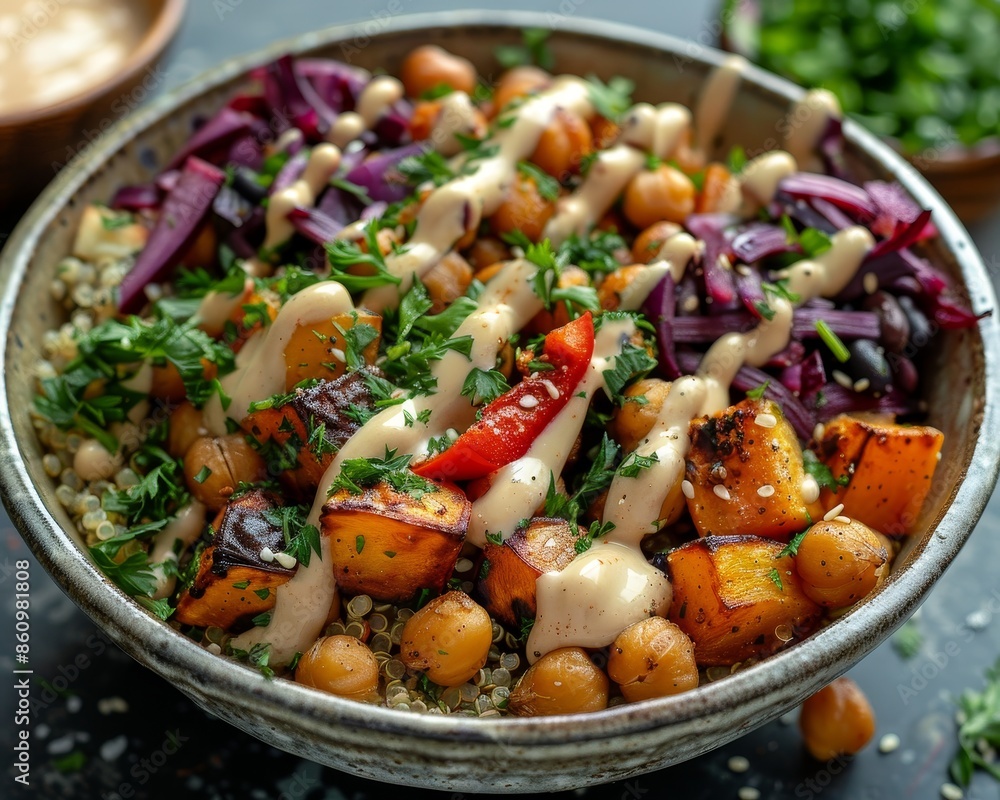 A delicious quinoa bowl with roasted vegetables, chickpeas, and a drizzle of tahini sauce, perfect for a nutritious lunch A delicious quinoa bowl with roasted vegetables, chickpeas, and a drizzle of tahini sauce, perfect for a nutritious lunch