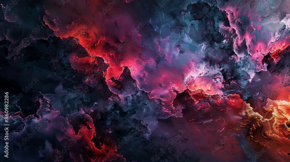 An abstract painting featuring vibrant red, blue, and orange hues blending together. An abstract painting featuring vibrant red, blue, and orange hues blending together.