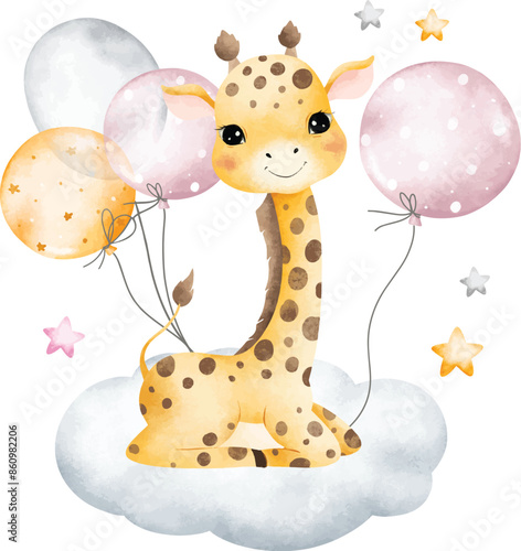 Watercolor Illustration Giraffe and Balloons Sits on Cloud