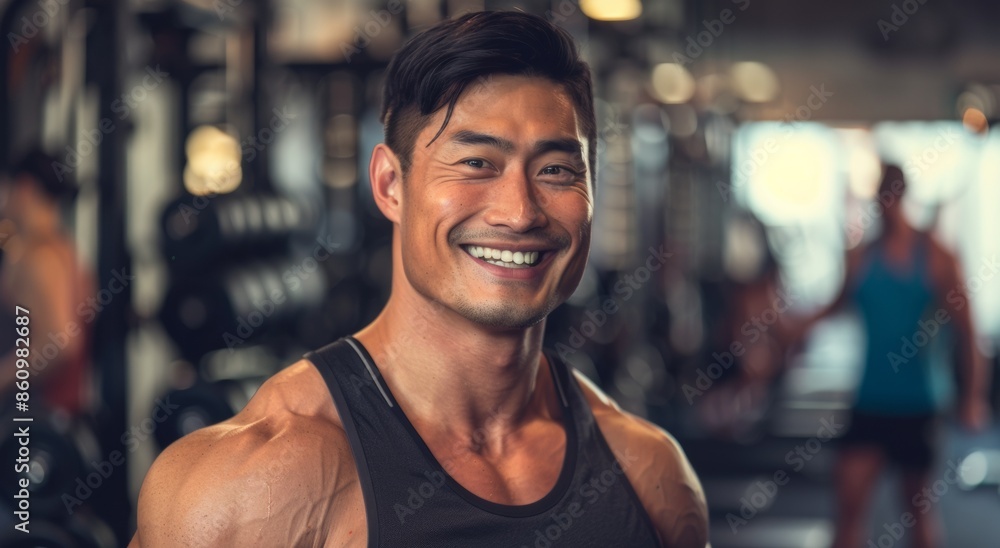 young male Asian fitness instructor as he poses in an indoor gym fitness center. His happiness reflects the passion and dedication he brings to his role. young male Asian fitness instructor as he poses in an indoor gym fitness center. His happiness reflects the passion and dedication he brings to his role.