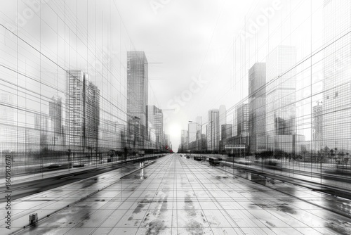  Abstract black and white architectural sketch of a futuristic city skyline with tall skyscrapers, buildings made from glass and steel, high resolution