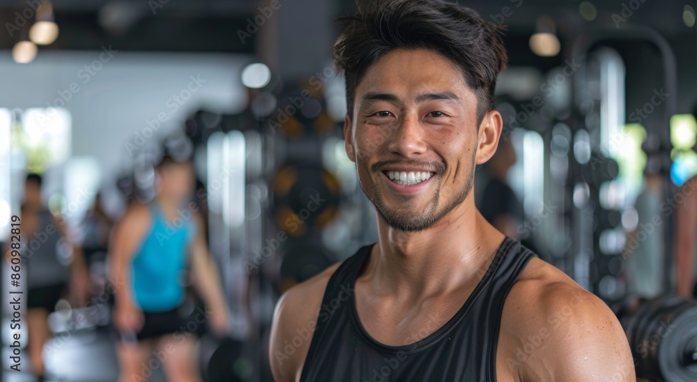 young male Asian fitness instructor as he poses in an indoor gym fitness center. His happiness reflects the passion and dedication he brings to his role. young male Asian fitness instructor as he poses in an indoor gym fitness center. His happiness reflects the passion and dedication he brings to his role.