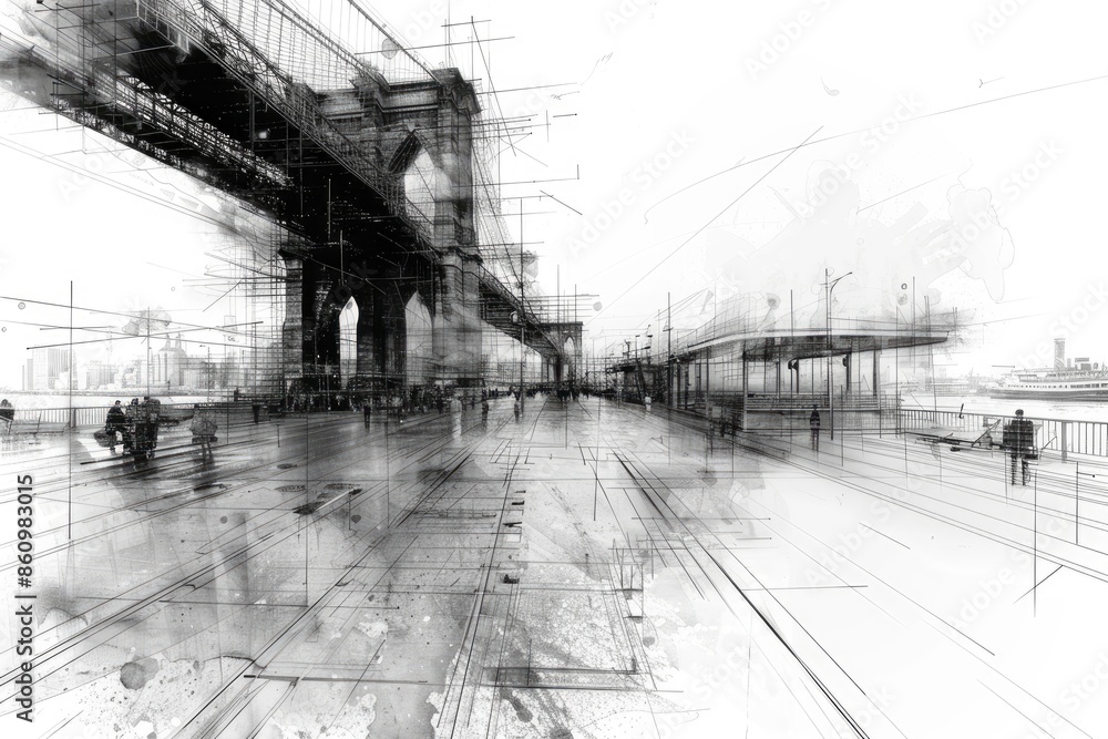 Fototapeta premium Abstract black and white architectural sketch of a serene countryside with rolling hills and farms, high resolution.