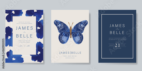 Navy Blue , Indigo Luxury Wedding Invitation, start invite thank you, rsvp modern card Design in Night sky with  little star moon sun and space decorative Vector elegant rustic template