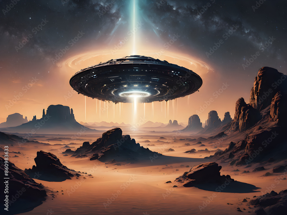 A vast, empty desert under a starry sky. A bright light or glowing UFO hovers above, casting an eerie glow on the sand and rocks. A vast, empty desert under a starry sky. A bright light or glowing UFO hovers above, casting an eerie glow on the sand and rocks.