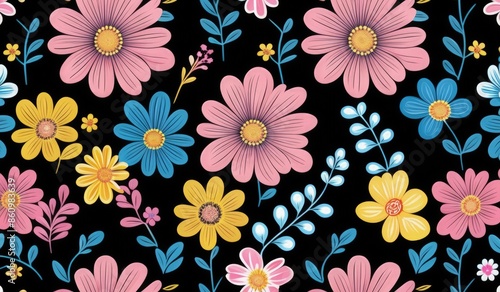 Wallpaper Mural seamless pattern with flowers and leaf. color flowers pink yellow blue baby blue. floral background. wallpaper flower.  Torontodigital.ca