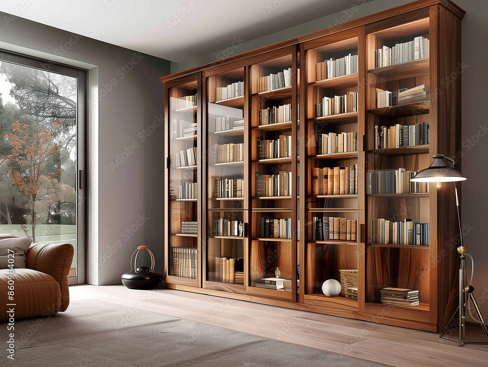 Fototapeta premium Modernes großes Wandregal mit Glastür und Büchern in einem Wohnzimmer