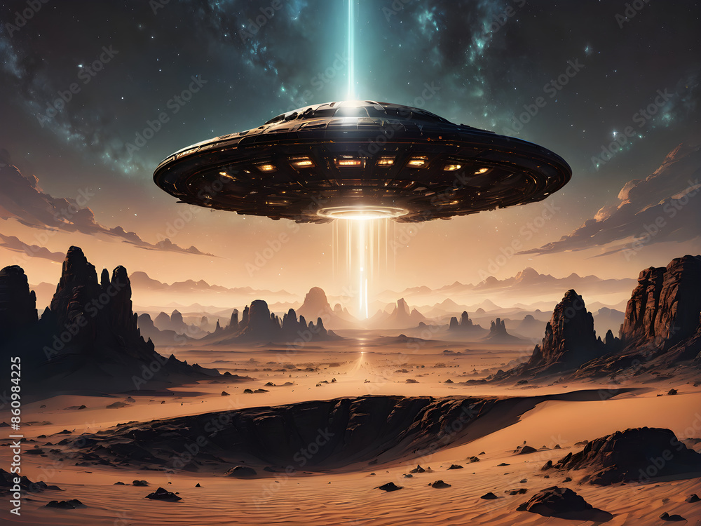A vast, empty desert under a starry sky. A bright light or glowing UFO hovers above, casting an eerie glow on the sand and rocks. A vast, empty desert under a starry sky. A bright light or glowing UFO hovers above, casting an eerie glow on the sand and rocks.