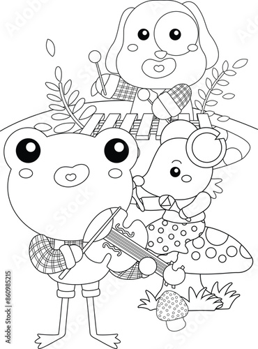 Cute and Funny Animal Musicians Playing Music Instrumental Cartoon Coloring Activity for Kids and Adult