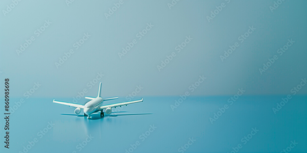 Naklejka premium Miniatur-Spielzeugflugzeug auf unifar Hintergrund mit Raum für Text Sommerurlaub mit dem Flugzeug. Reisebüro-Banner-Design-Vorlage, Banner- oder Header-Modell