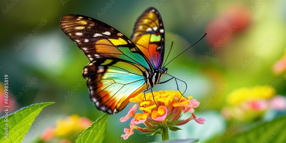 A colorful butterfly perched on a flower in a garden. A colorful butterfly perched on a flower in a garden.