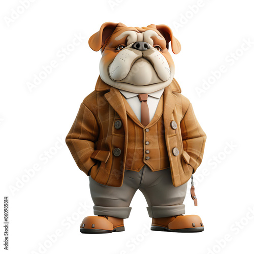animal crossing of anthropomorphic Bulldog as businessman, full body, standing on 2 legs, 3d character cartoon isolated on transparent background © Pornnapha