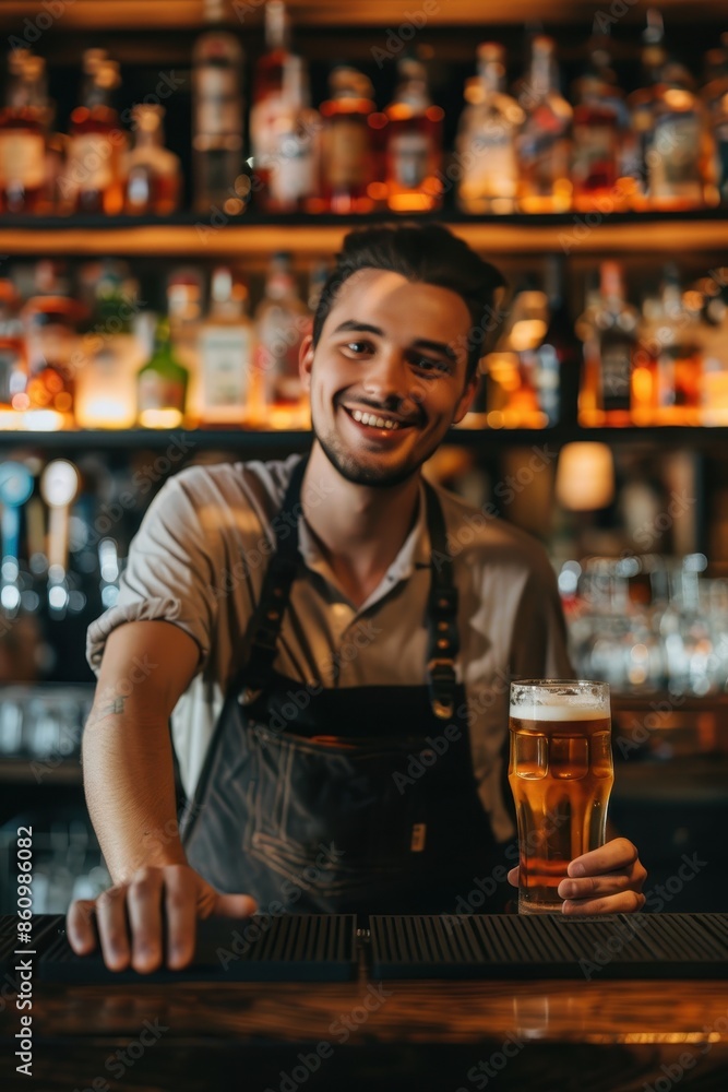 Friendly Bartender Serving a Refreshing Glass of Beer with a Smile in a Cozy Bar Setting Friendly Bartender Serving a Refreshing Glass of Beer with a Smile in a Cozy Bar Setting