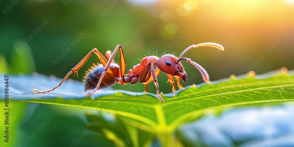 Naklejka premium An ant crawling on a leaf in a garden.