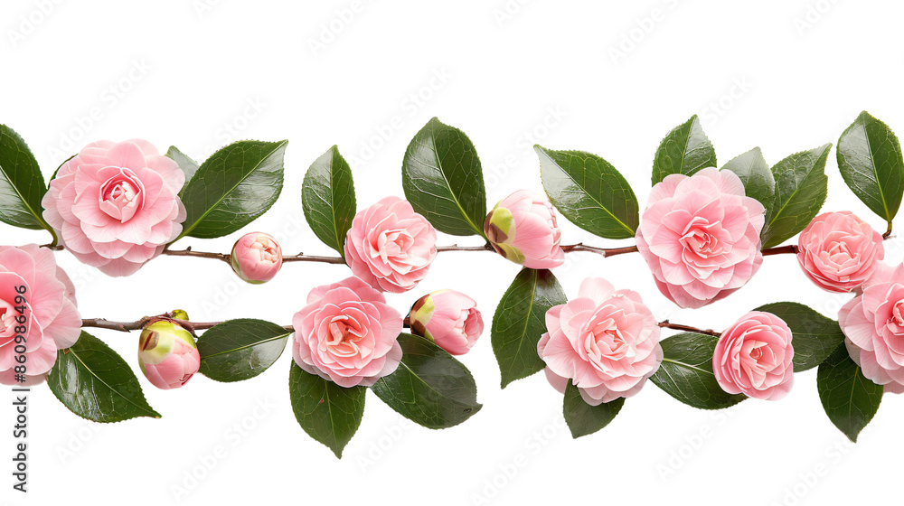 Beautiful pink camellias and green leaves arranged in a lovely floral garland, perfect for decoration and design projects. Beautiful pink camellias and green leaves arranged in a lovely floral garland, perfect for decoration and design projects.