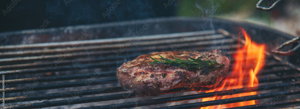 Banner BBQ Barbecue grilled meat stick on fire flame hot charcoal ...