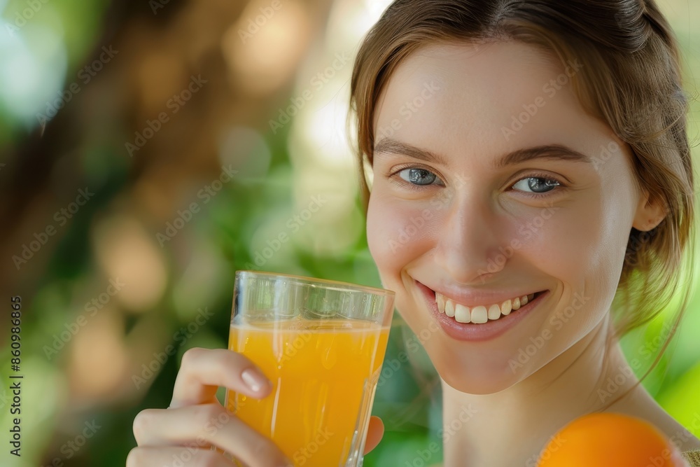 Refreshing Morning Bliss - Woman with Bright Smile Holding Glass of Fresh Orange Juice Refreshing Morning Bliss - Woman with Bright Smile Holding Glass of Fresh Orange Juice