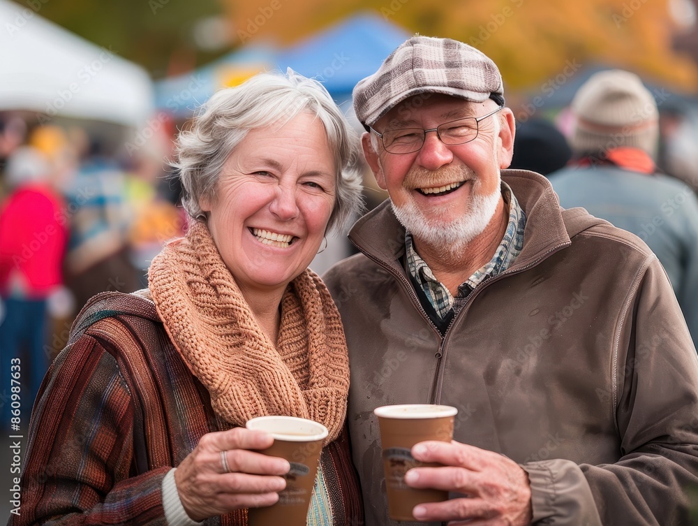 Happy Couple Delighting in Apple Cider at a Charming Fall Festival Happy Couple Delighting in Apple Cider at a Charming Fall Festival