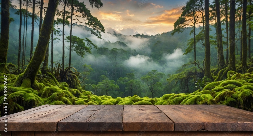 Fototapeta premium rustic wooden table and, in the background, a cloud forest blurred with nature, moss-covered trees, vegetation, and sky, to use as a background for products.