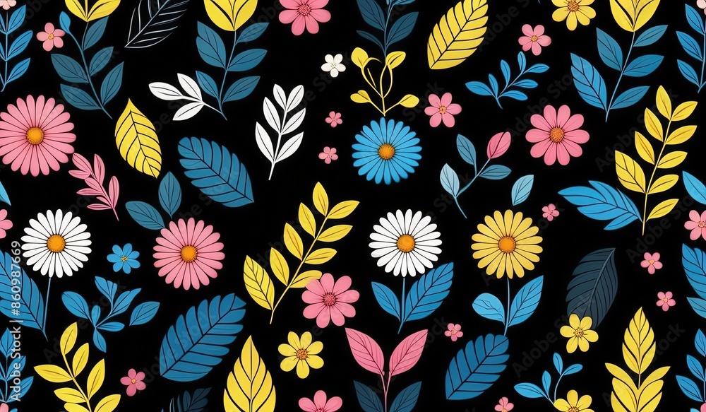 seamless pattern with flowers and leaf. color flowers pink yellow blue baby blue. floral background. wallpaper flower. seamless pattern with flowers and leaf. color flowers pink yellow blue baby blue. floral background. wallpaper flower.