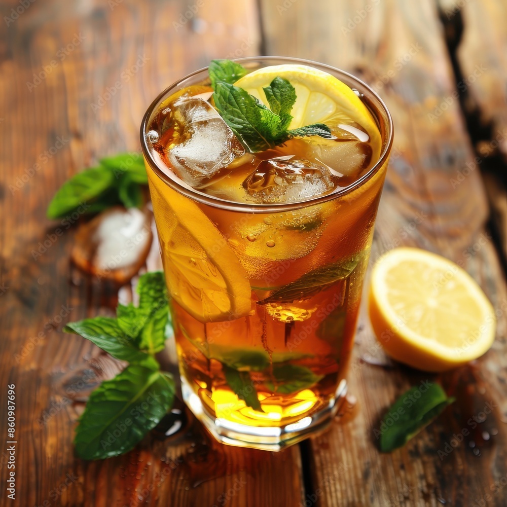 Refreshing Iced Tea with Lemon in Glass Pitcher on Rustic Table Setting - Summer Beverage Concept Refreshing Iced Tea with Lemon in Glass Pitcher on Rustic Table Setting - Summer Beverage Concept