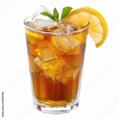 Refreshing Glass of Iced Tea with Lemon Slice on Rustic Wooden Table