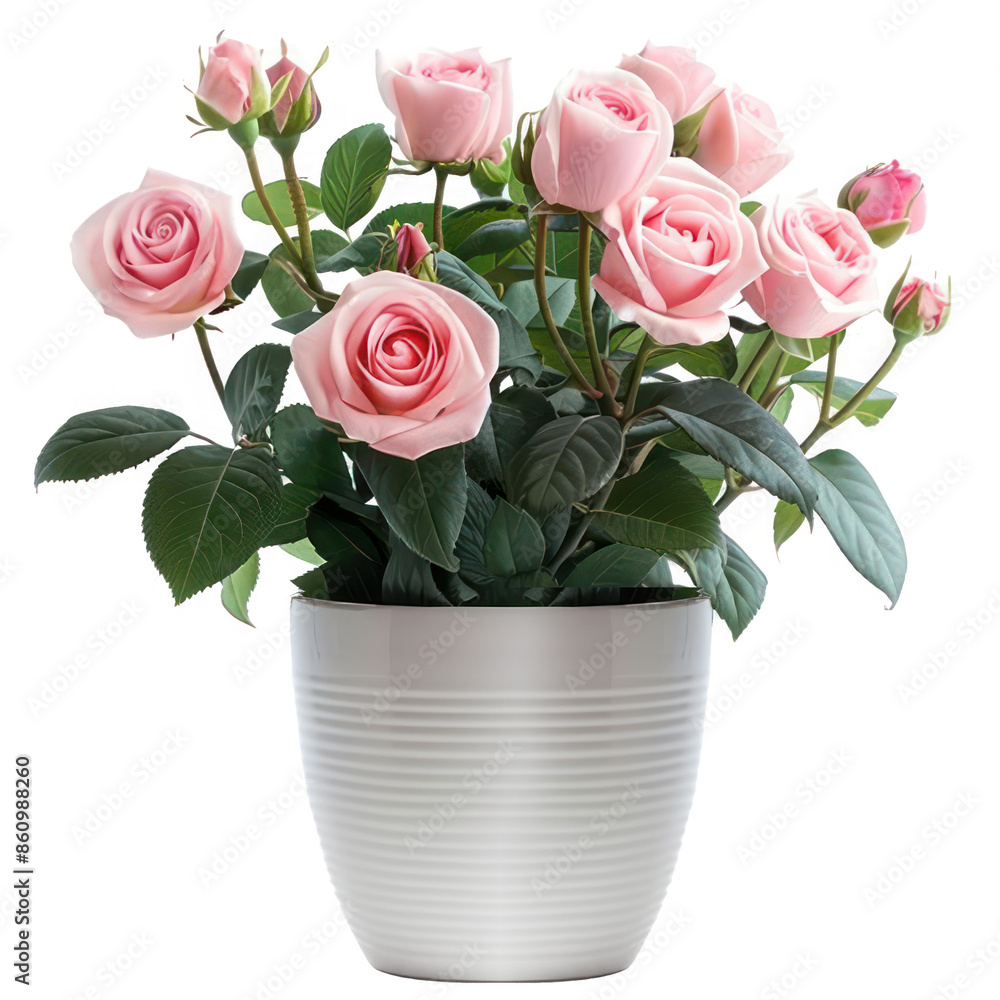 Roses flower in a white pot, isolated on background. Houseplant, that grow outdoor for decorative purpose. Minimal creative garden decorative concept green and fresh Roses flower in a white pot, isolated on background. Houseplant, that grow outdoor for decorative purpose. Minimal creative garden decorative concept green and fresh