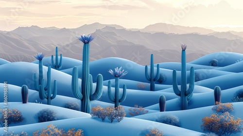 Azureocereus cactus with striking blue-green coloration and blooming flowers, standing out in a desert landscape. Illustration, Minimalism, photo