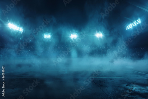 Soccer stadium with fans and lights, night background, smoke and fog