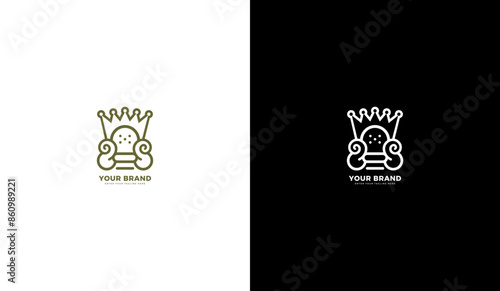 Furniture king logo. Chair, crown, line icon. Graphic vector illustration design