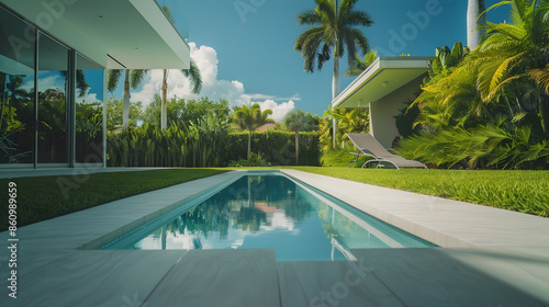 Beautiful backyard of elegant and modern house in the Nautilius neighborhood of Miami Beach swimming pool short grass trees and tropical plants blue sky in the background : Generative AI photo