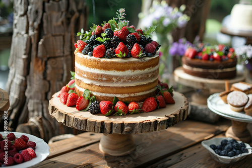 A rustic birthday party with a wooden cake stand only. photo