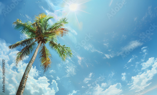 Ciel bleu lumineux avec un palmier tropical se balançant au soleil. Vue en contre-plongée par en dessous